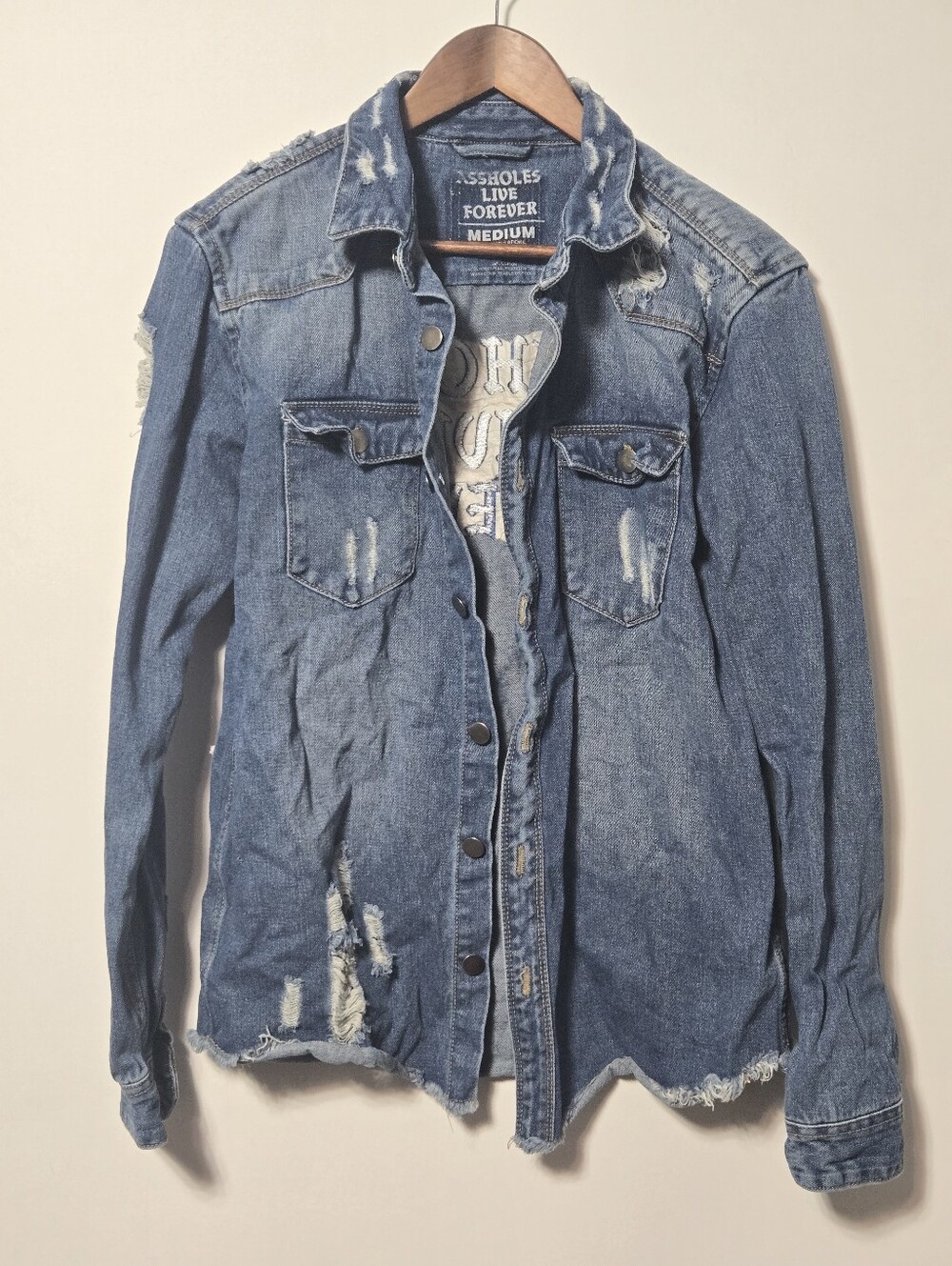 Assholes Live Forever Distressed Denim Shacket Jacket Medium